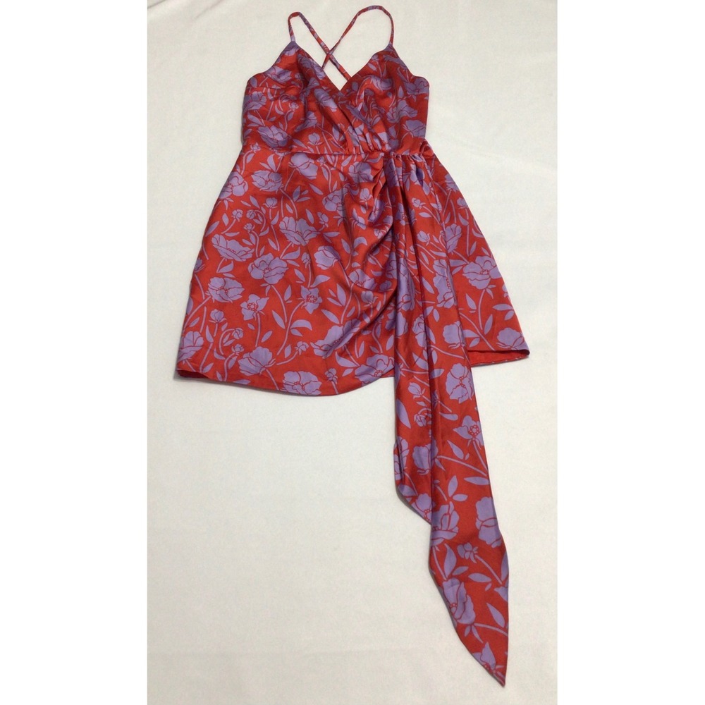 Lovers and Friends Red Purple Floral Satin Faux Wrap Mini Dress XS
